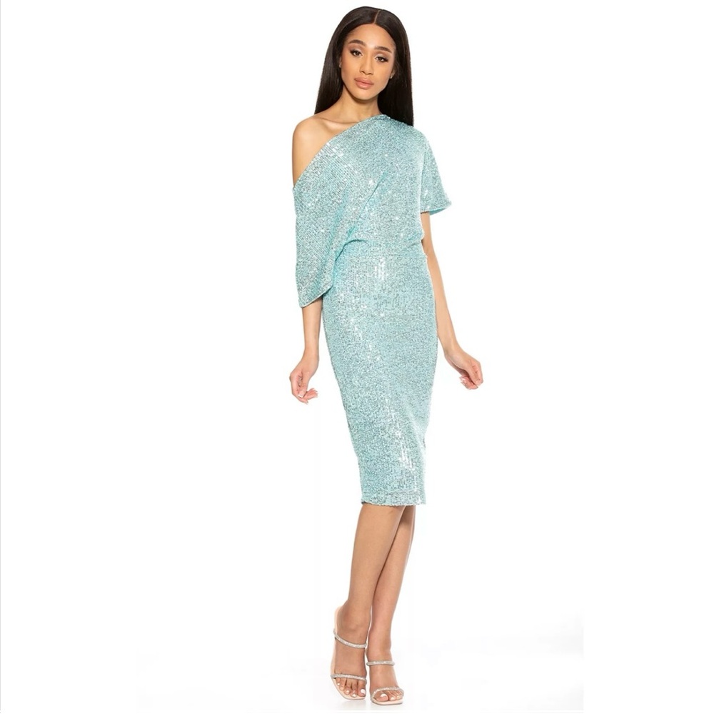 Alexia Admor Green and Blue Asymmetrical Ruffled Cocktail Dress